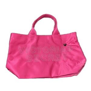 Victoria Secret Hot Pink Satin Tote Bag With Rhinestone And Sm Black Heart